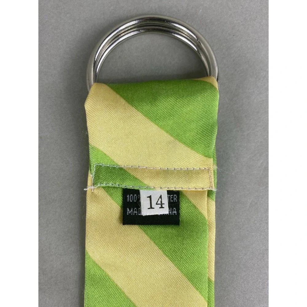 VTG Womens Satin Cloth Belt Lime Green Yellow Stripe D-Ring Sash Waist 48x2